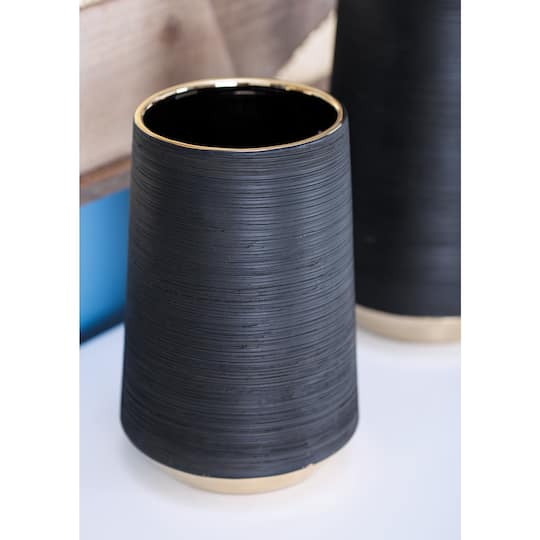 CosmoLiving by Cosmopolitan Set of 2 Black Porcelain Glam Vase, 5" x 8"